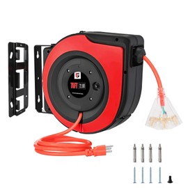 EP Retractable Extension Cord Reel,75 Feet 14 AWG/3C SJTOW Heavy Duty Power Cord,10 AMP Circuit Breaker, 3-Lighted Triple Outlets,Ceiling or Wall Mount Use Indoor, Red