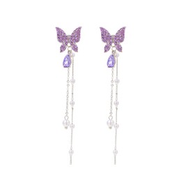Purple Butterfly Tassel Earrings Zircon Butterfly Earrings for Women Long Pearl Dangle Earrings Crystal Rhinestone Butterfly Earrings Jewelry (A)
