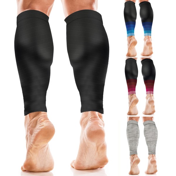 aZengear Calf Support Compression Sleeves (Pair) for Women, Men, Running | 20-30mmHg Class 2 Shin Splints Brace, Footless Leg Socks for Torn Muscle Pain Relief, Cramps (S-M, Black)