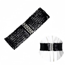 SamHeng Women Wide Sequin Belt Glitter Elastic Stretchy Waistband Cinch Belt Metal Buckle for 80s Costume Party Disco Party, Black