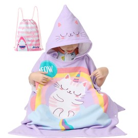 Athaelay Kids Cartoon Animal Hooded Poncho Towel for Ages 1-6 Years Beach Pool Bath Swim Wear Cover-up Super Soft (CAT)