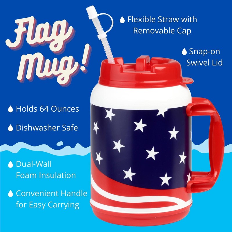 64 Ounce Insulated Mug with Handle Flexible Straw with Cap,