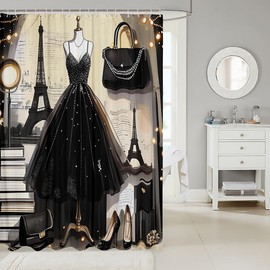 Cortina de ducha de vestir a la moda, color negro, cortina de baño estilo Torre Eiffel París, decoración de baño, romántica, con temática de maquillaje, cortina impermeable para mujer, cortina con