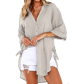 Bozanly Casual V Neck 3/4 Sleeve Button Down Shirts High Low Oversized Summer Beach Blouse Tops for Women (0057-Khaki-S)