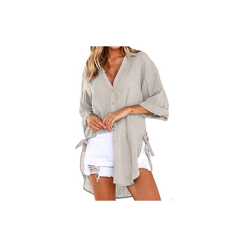 Bozanly Casual V Neck 3/4 Sleeve Button Down Shirts High