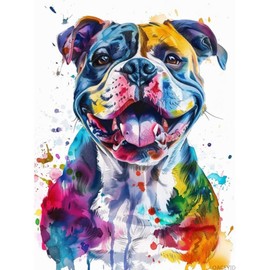 QACEYID DIY 5D Diamond Art Watercolor Pitbull Dog Paint with Full Drill Round Diamond Gems Painting by Number Kits for Adults Art Craft Home Wall Decor 12x16 in