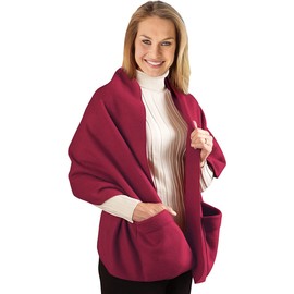 Warm And Cozy Fleece Wrap Shawl With Large Front Pockets - Burgundy