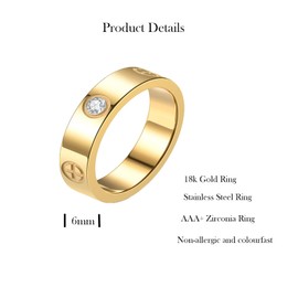MAGIIE Jewellery 18k Gold-Plated Women's Ring, 6 mm Women's Ring, Gold, Wedding Rings, Stainless Steel Women, Zircon Ring, Elegant Women, Stainless Steel, No Gemstone