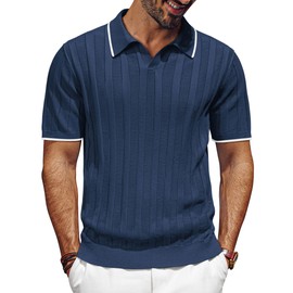 PJ PAUL JONES Men's Lightweight Soft Polo Shirt Smart Casual V Neck Shirt for Meeting Navy Blue