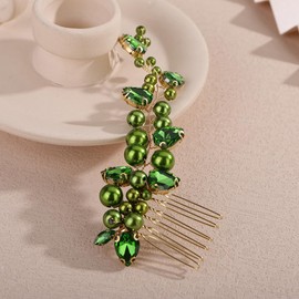 Teyglen Green Crystal Rhinestone Pearl Hair Comb Bride Wedding Hair Piece Bridal Crystal Hair Side Comb Hair Accessories for Women Pearl Headpiece(Green)