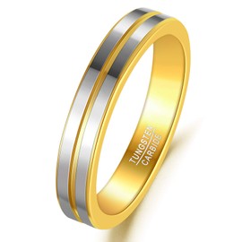 TUNGSTORY 4 mm Wide Tungsten Carbide Ring Men's Flat with Centre Groove Wedding Ring Polished Surface Golden Inner Ring Engagement Rings Size 52 to 65, Tungsten