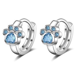 Rockyu Women's Cat Earrings, Silver, Hypoallergenic Metal, Simple, Cute, Cat Paw Earrings, Blue CZ Cubic Zirconia, Hoop Pier, Skirakila, For Both Ears, Ring Earrings, Women's Fashion Accessory,