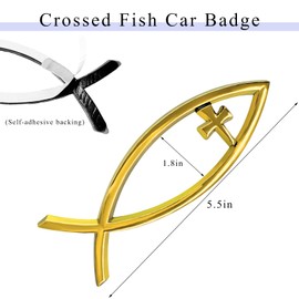 FSTURIOS Christian Cross Fish Car Emblem, Large Jesus Fish Cross Auto Emblem Badge Bumper Sticker, Weatherproof Christian Fish Symbol Ichthus Cross Emblem Decal for Most Vehicles (Golden)