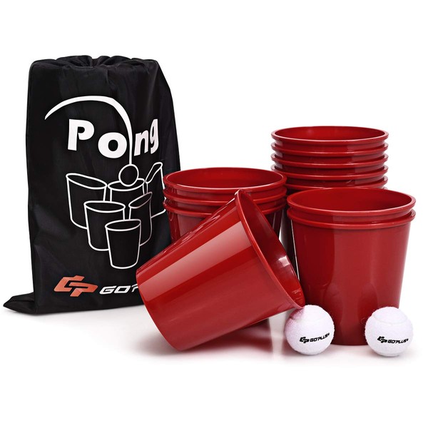 Goplus Yard Pong, Giant Outdoor Games Pong Set with 12 Buckets, 2 Balls and a Carry Bag, Toss Game for Beach, Backyard, Lawn, Party, Camping, Tailgate Game for Family and Friends