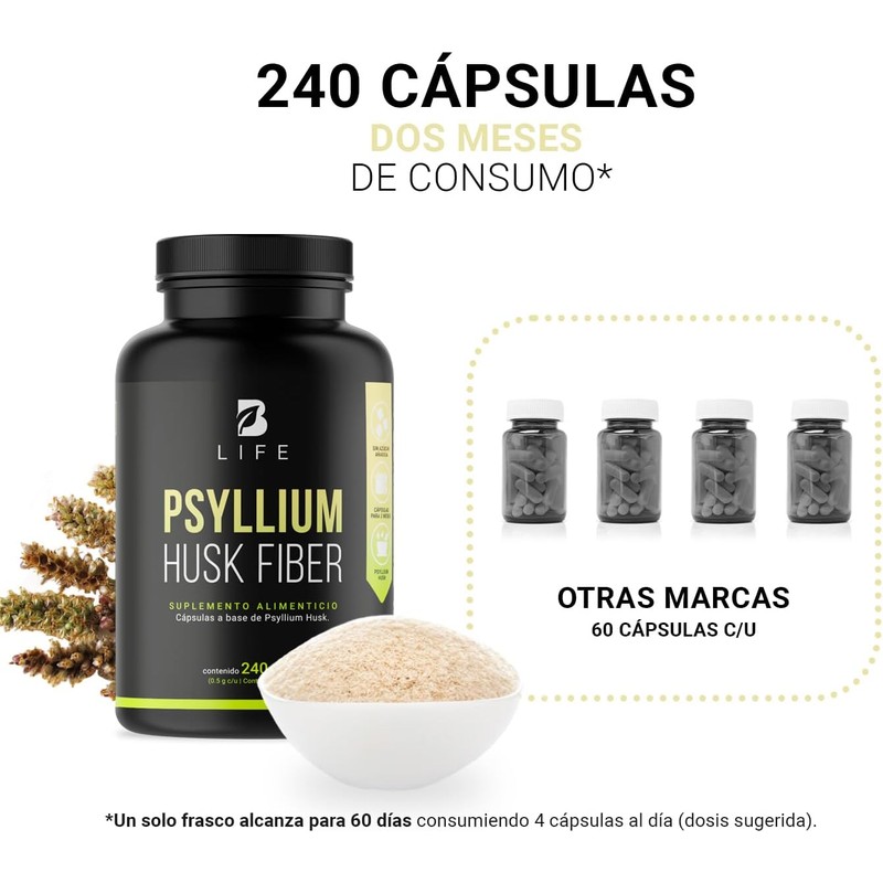 Fibra de Psyllium Husk (Plantago Ovata) 240 Cápsulas 2000 mg