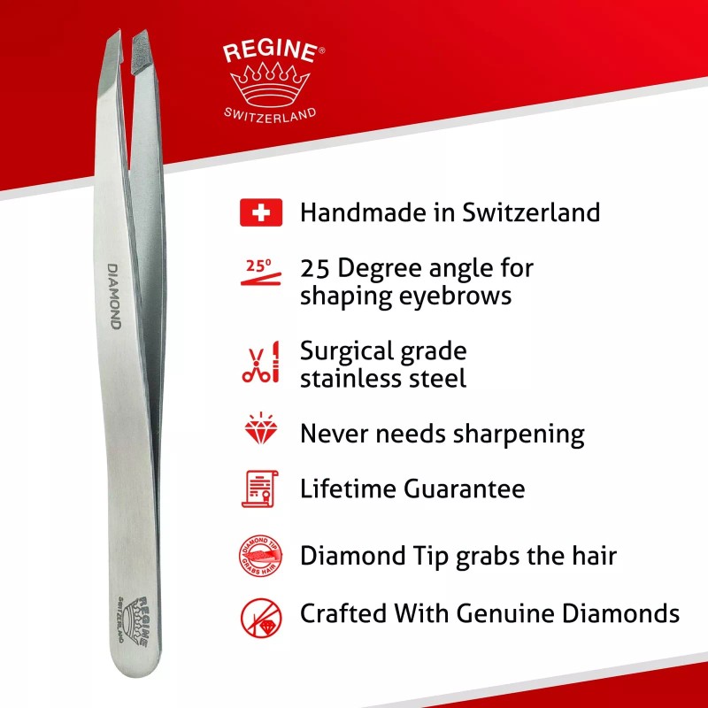 Regine Switzerland Diamond Tip Slant Tweezer, Stainless Steel Precision Tweezers