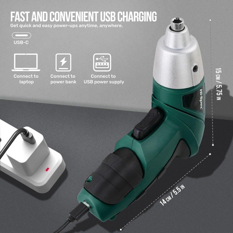 Hi-Spec 3.6V Cordless Electric Screwdriver Set with Interchangeable Bits, Green