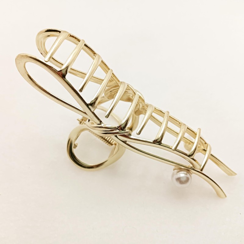 B/C Hair Claw Large Ribbon With Pearl (Gold)