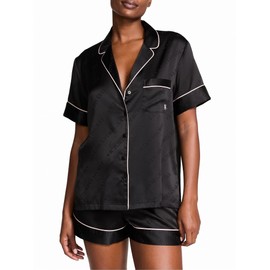 Victoria's Secret Satin Pajama Set, Short Sleeve Button Down & Shorts, Pajamas for Women, Black Logo, M