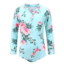 Big Girls One Piece Bathing Suits Long Sleeve Zipper Swimsuits UPF 50+/Sun Protection Rash Guard Size 12/10-12 Green Flowers