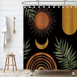 Vintage Boho Shower Curtain for Bathroom with 12 Hooks, Mid Century Abstract Shower Curtain Tropical Plant Bohemian Style, Funny Fabric Curtain for Bathroom Decor 72x72 Inch / 180x180cm Waterproof