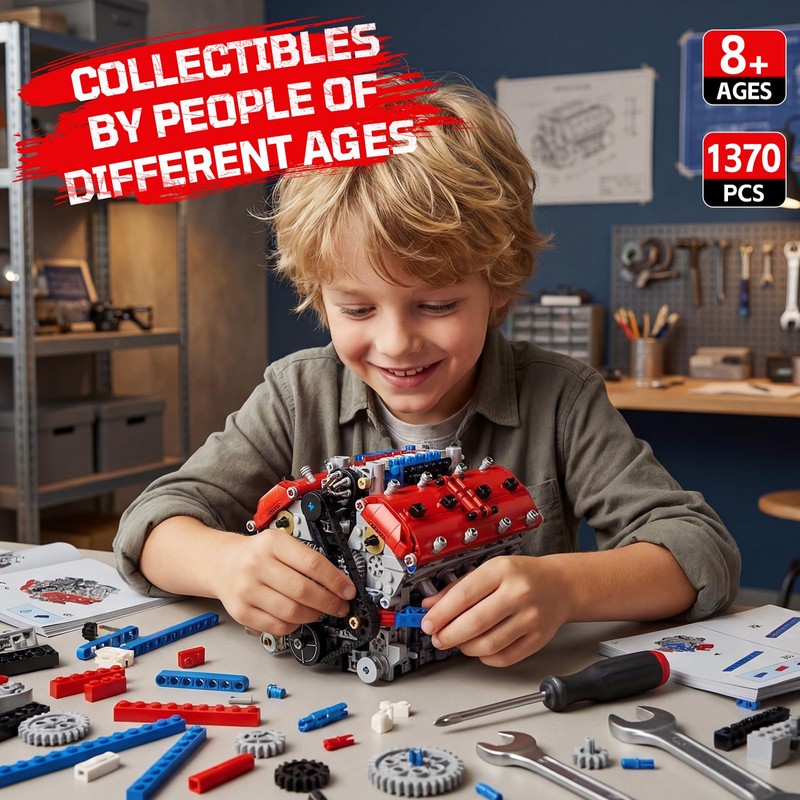 DOLIVE V8 Engine Model Kits that Runs, 1370PCS 8-Cylinder Engine