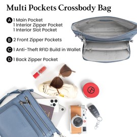 befen Genuine Leather Cross Body Bag Women Small RFID Phone Bags for Women Crossbody Blue Over Shoulder Bags for Women with Multiple Pockets