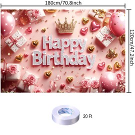 Pink Happy Birthday Backdrop Banner Pink Gold Photography Background for Girl Mom Lady Home Outdoor Birthday Party Decoration Supplies 70.8 x 47.2 Inch