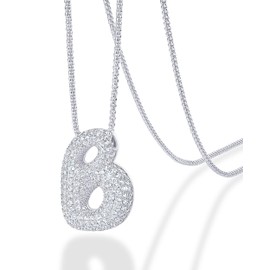 PAVOI Rhodium Plated Pendant Chain Necklace for Women | Chunky Initial Bubble Letters Necklace | Letter B, White Gold, Cubic Zirconia
