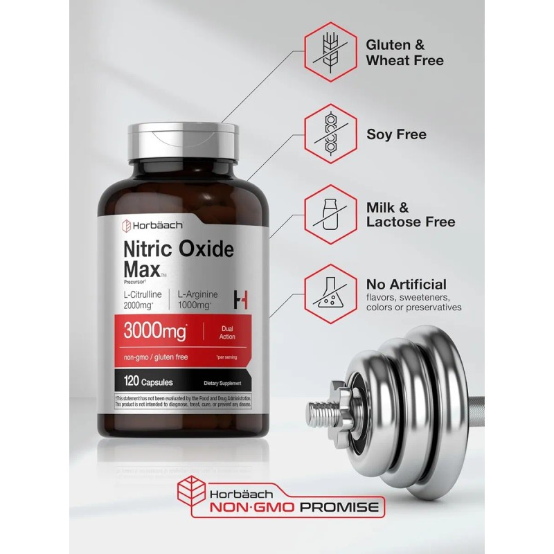Horbaach Nitric Oxide Max 3000 Mg Con 120 Capsulas Sin