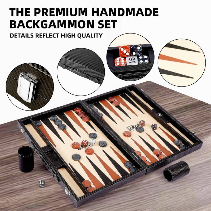 Backgammon Sets for Adults, 15 Inch Premium Carbon Fiber Faux