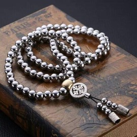Stainless Steel Bead Necklace 108 Buddha Beads Necklace Outdoor Self Defense Stainless Steel Titanium Steel Metal Necklace Chain