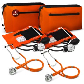 Blood Pressure Monitor and Sprague Stethoscope Kit - 2-Pack, Adult Aneroid Sphygmomanometer with Dual-Head Stethoscope, Adjustable BP Cuff, Carrying Case & Accessories - Orange