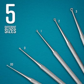 Buck Dermal Ear Wax Remover Cleaning Distel Round Safe Tip with Strong Handle Stainless Steel (5 pcs Set Blunt Straight)