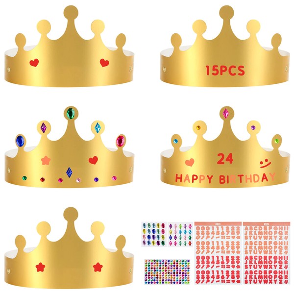 KEYIDO 15 Pieces Paper Crowns for Kids Gold Cardboard Crown to Decorate Crown Making Kit with Gem Jewels Number and Letter Stickers for Adult Children Birthday Party Homemade Craft Crown Hats