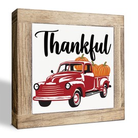 Pumpkin Harvest Decors, Thankful Signs, Pumpkin Truck Wooden Box Signs, Autumn Home Desk Table Shelf Decoration, Fall Decor, Thanksgiving Decoration, Box Sign Wood Desk Sign Decor 5.9X5.9X0.7inches