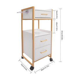 KELIBI Salon Storage Cart, 14*12*34" Barber Shop Tool Cabinet w/Hair Dryer Holder, 176.37LBS Load Free Standing Nail Salons Trolley w/Wheels, 3 Drawers & 2 Open Tier Categorize Salon Station-Gold Grey