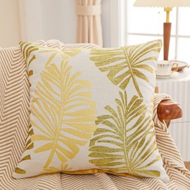 YunJeude Cushion Covers 45x45cm Nordic Set of 2 Cotton and Linen Stylish Cute Leaf Pattern Jacquard Zipper Simple Natural Modern Decorative Sofa Cushion Covers (45x45, Yellow)