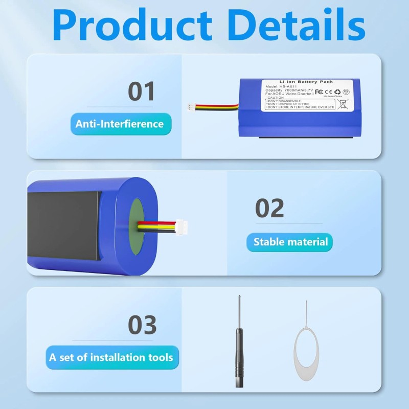 For AOSU 7000mAh Rechargeable Battery for AOSU Video Doorbell Camera