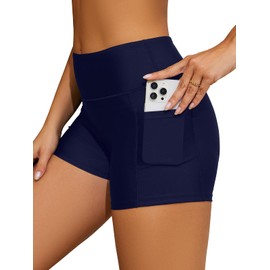 SHEKINI Women Swim Shorts Bathing Suit Bottoms High Waisted Tummy Control Board Swimsuit with Pockets(Navy Blue，L)