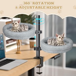 Cuipingoo Cat Desk Bed, Desk Nest Cat Bed Round Cat Beds for Desk Indoor Cats up to 40 lbs, Comfortable Soft Pet Bed for Kitten, Cat Hammock for Desk 360° Rotation & Adjustable Height(Grey)