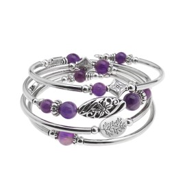 SING F LTD Layered Bohemian Bracelets Amethyst Beaded Chakra Bangle Bracelet Silver Layered Wrap Bracelet Fashion Jewellery Gifts for Women Ladies Friends