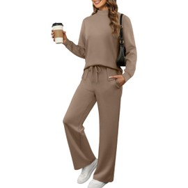 XIEERDUO Womens Plus Size Lounge Sets Fall Trendy Two Piece Travel Outfits Winter Long Sleeve Tracksuit Airport Loungewear Mock Neck Sweatsuit Wide Leg Track Suit Vacation Clothes Clothing Khaki 3XL