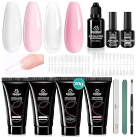 Beetles Kit Poly Gel para Uñas 4 Colores Rosa Blanco con Base Top Coat Slip Solution Moldes Dual Forms y Brocha Extensión UV LED para Manicure Primavera Verano DIY
