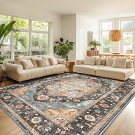 RELEANY 8x10 Area Rug Vintage Machine Washable Low Pile Carpet No Shedding Area Rugs for Living Room Bedroom Dining Room Kitchen Entryway Hallway Office Indoor-Dark Chocolate