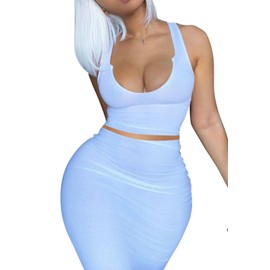 PYAEAS 2 Piece Outfit Maxi Dress for Women, Summer Deep U Neck Sleeveless Tank Crop Tops Long Skirt Set Party Bodycon Dresses(White,L)