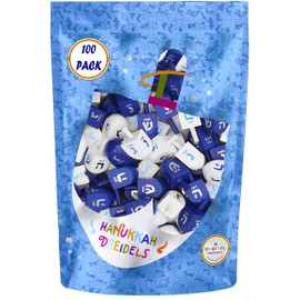 The Dreidel Company 100 Solid Blue & White Hand Painted Wooden Hanukkah Dreidels with English Transliteration - Includes Detailed 3 Game Instruction Cards- (100-Pack)