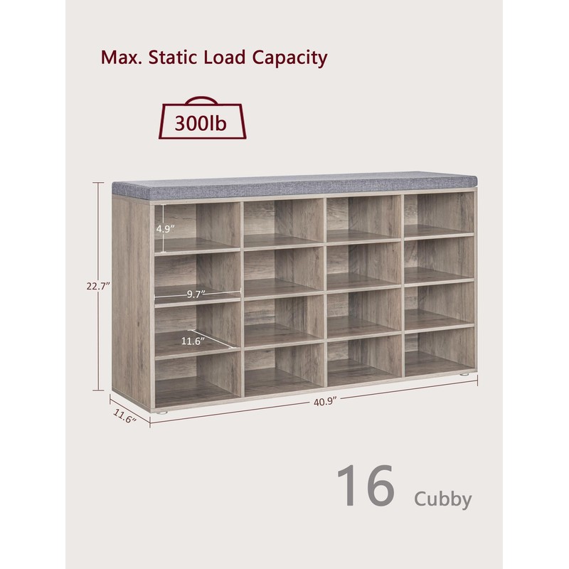 DINZI LVJ Shoe Storage Bench with Cushion, 16-Cubby Shoe Rack,