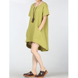 Minibee Women's Cotton Linen Short Sleeve Tunic/Top Tees (L, Chartreuse)