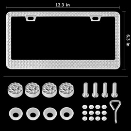 JAGASOL Bling License Plate Frame, Premium Stainless Steel Rhinestone License Plate Frames for Men and Women, Sparkly Plate Crystal Caps, White 2 Pack